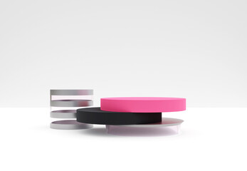 Elegant podium with abstract art objects. Stand to show products. Stage showcase with modern scene for presentation. Pedestal display with blackpink concept. 3D rendering. Studio platform template.