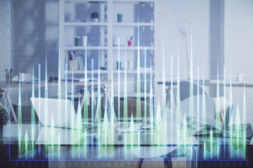 Multi exposure of stock market chart drawing and office interior background. Concept of financial analysis.