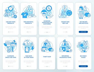 Achieve zero waste goals blue onboarding mobile app screen set. Walkthrough 5 steps editable graphic instructions with linear concepts. UI, UX, GUI template. Myriad Pro-Bold, Regular fonts used