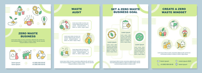 Zero waste business principles green brochure template. Audit. Leaflet design with linear icons. Editable 4 vector layouts for presentation, annual reports. Arial-Black, Myriad Pro-Regular fonts used