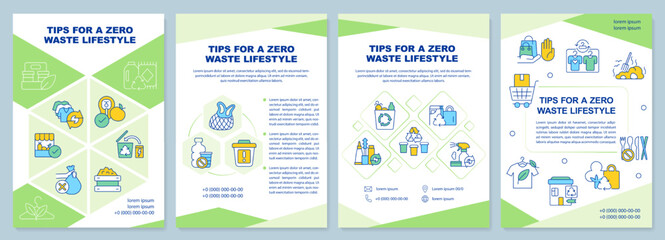 Tips for zero waste lifestyle green brochure template. Leaflet design with linear icons. Editable 4 vector layouts for presentation, annual reports. Arial-Black, Myriad Pro-Regular fonts used
