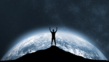 Silhouette Businessman Standing Against Illuminated Globe At Night. Business Opportunity Concept. Male against planet Earth. Digital Composite Image © Celt Studio