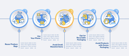 Naklejka premium Reduce waste while shopping circle infographic template. Recycle, reuse. Data visualization with 5 steps. Editable timeline info chart. Workflow layout with line icons. Lato-Bold, Regular fonts used