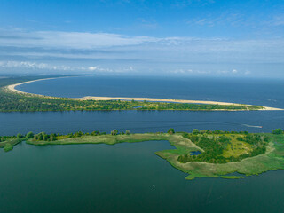 Baltic Sea and Vistula Estuary Aerial View. The Bay of Gdańsk at summer time. from above. Baltic...