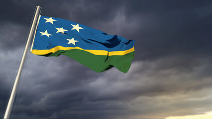 cute Solomon Islands flag on heavy dark clouds backdrop - abstract 3D illustration
