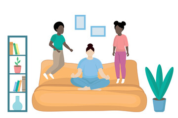People with different skin colors, mom sits on the sofa in a lotus position, ignoring the children jumping next to her, flat vector, faceless illustration, home interior