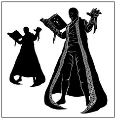 Silhouette of a fantasy character in full growth, without a background. A young wizard, an apprentice of dark magic with sharp teeth in a long sleeveless robe with a book in his hand, 2d illustration.