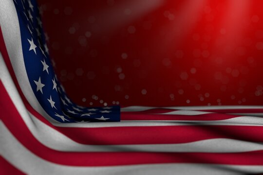 pretty dark picture of USA flag lying flat diagonal on red background with selective focus and free space for text - any occasion flag 3d illustration..