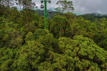 Cable cabs are running on high wire at Bana Hills in Danang, Vietnam. Bana Hills is interesting tourist new places to visit in Da Nang city, Vietnam