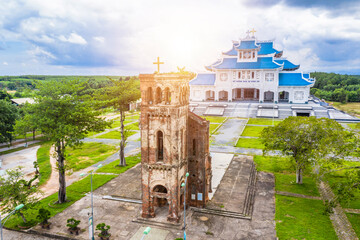 Aerial view of church at La Vang Holy Sanctuary, It is the site of the Minor Basilica of Our Lady of La Vang, Quang Tri, Vietnam.