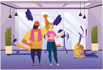 Fitness gym concept with people scene in the background cartoon style. Man and woman perform exercises with dumbbells in the gym. Vector illustration.