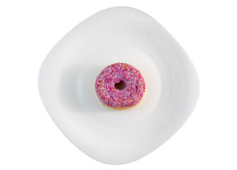 pink doughnut with powder on a white plate isolated