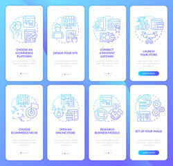 Online shop management blue gradient onboarding mobile app screen set. Startup walkthrough 4 steps graphic instructions with linear concepts. UI, UX, GUI template. Myriad Pro-Bold, Regular fonts used