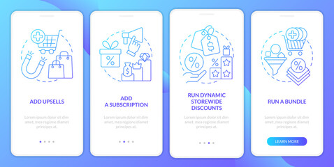 Optimizing online business blue gradient onboarding mobile app screen. Walkthrough 4 steps graphic instructions with linear concepts. UI, UX, GUI template. Myriad Pro-Bold, Regular fonts used