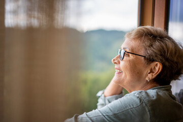 Portrait of a happy senior beautiful mature woman in glasses standing near the window at home in profile