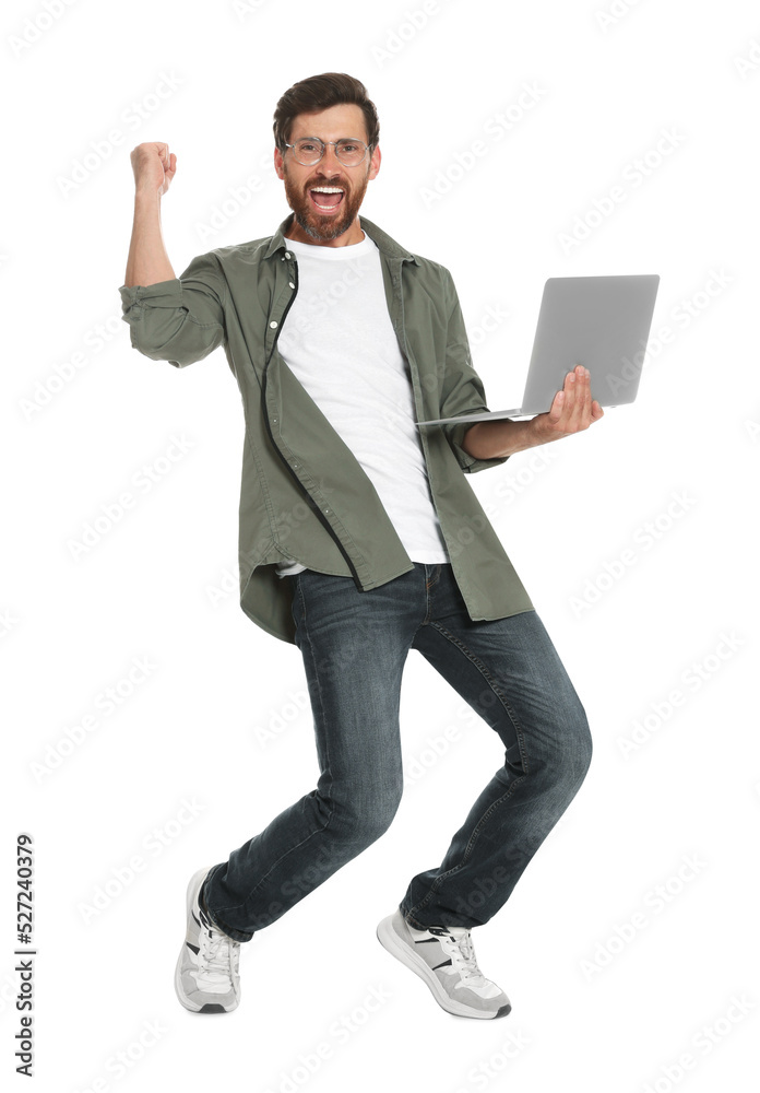 Poster Happy handsome man with laptop on white background