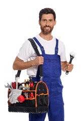 Professional plumber with tool bag and adjustable wrench on white background