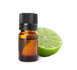 Bottle of citrus essential oil and cut fresh lime isolated on white