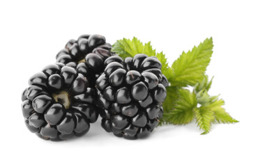 Tasty ripe blackberries and leaves on white background