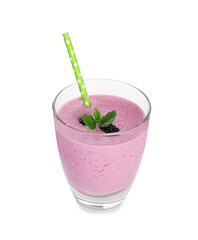 Delicious blackberry smoothie with straw in glass on white background