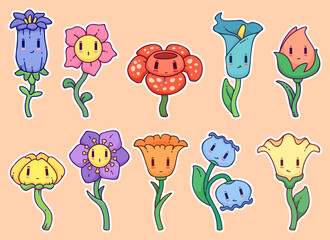Set of stickers of cute cartoon flowers with eyes. Vector stickers of funny plants