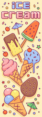 Vintage ad for ice cream. Cute illustration with different ice creams in cartoon style