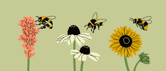 Puffy bumblebees or Bees flying near various flowers. Bee collects pollen. Spring, summer, nature concept. Set of three hand drawn modern Vector illustrations. Logo, print, design template - obrazy, fototapety, plakaty