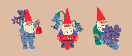 Set of three Garden gnomes. Hand drawn modern Vector isolated illustrations. Poster, card, print, design template. Cute fairy tale characters. Garden elf. Cartoon style