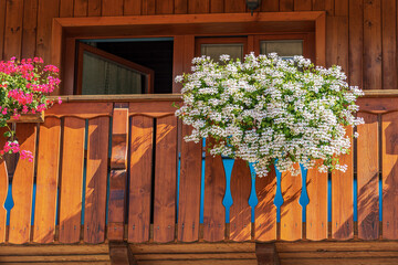 Close-up of a wooden balcony with white and red geranium flowers. Small village of...