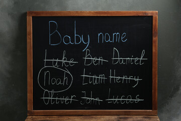 Blackboard with baby names near dark wall