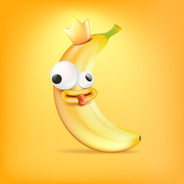 Vector cartoon silly banana fruit with crown character isolated on orange background. Crazy yellow king banana with funny cartoon eyes, king crown and mouth