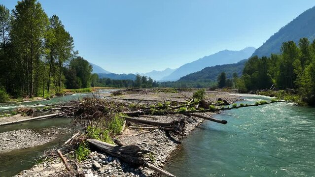 Landscape Of The Chilliwack River During Spring In Chilliwack, British Columbia, Canada - drone shot