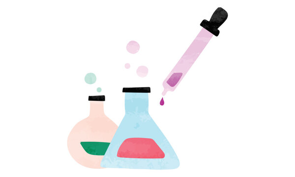 Doodle hand drawn chemistry lab kit with Erlenmeyer flask, round bottom flask and dropper watercolor style vector isolated on white background. Minimalist chemistry flask clipart
