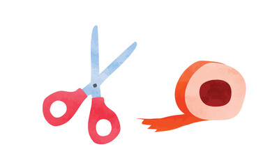 Hand drawn scissor and tape watercolor illustration isolated on white background. Open scissors with red handle illustration. Scissors clipart. Tape clipart