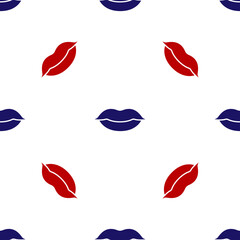 Blue and red Smiling lips icon isolated seamless pattern on white background. Smile symbol. Vector