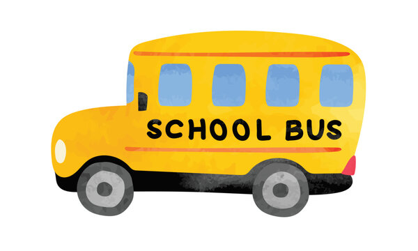 Cute yellow watercolor school bus driving to the left, isolated on white background. Yellow bus watercolor hand draw illustration vector