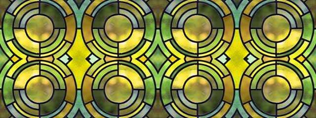 Abstract green yellow colorful stained glass,  glass art window texture background banner panorama,...