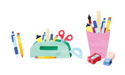 Set of pens watercolor illustration isolated on white background. Water pencil case with filling school stationery such as pencils, highlighter, scissors, ruler. Pen pot hand drawn. School supplies