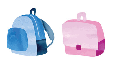 Schoolbags watercolor isolated on white background. School satchel. Schoolbag clipart set. School backpack hand drawn