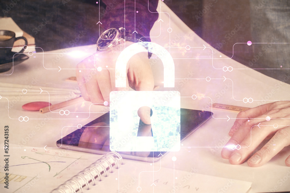 Aufkleber Multi exposure of man's hands holding and using a digital device and lock drawing. Security concept.