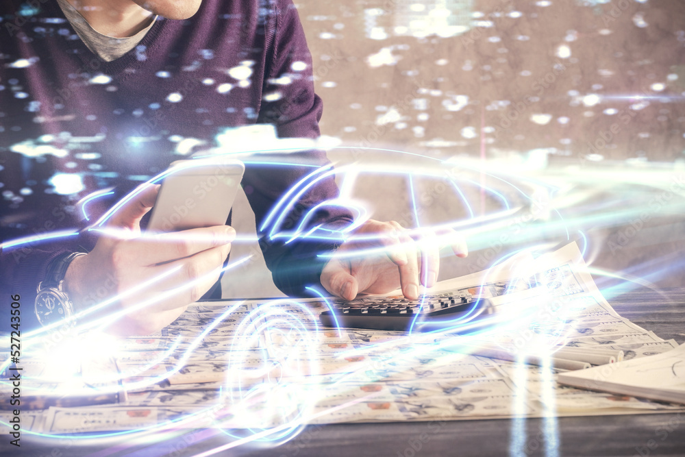 Poster Double exposure of man's hands holding and using a digital device and automobile theme hologram drawing. Technology concept.