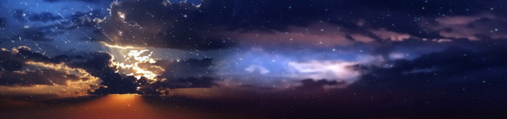  blue lilac starry sky  dramatic clouds  sunset star fall reflection on sea with planet flares ...