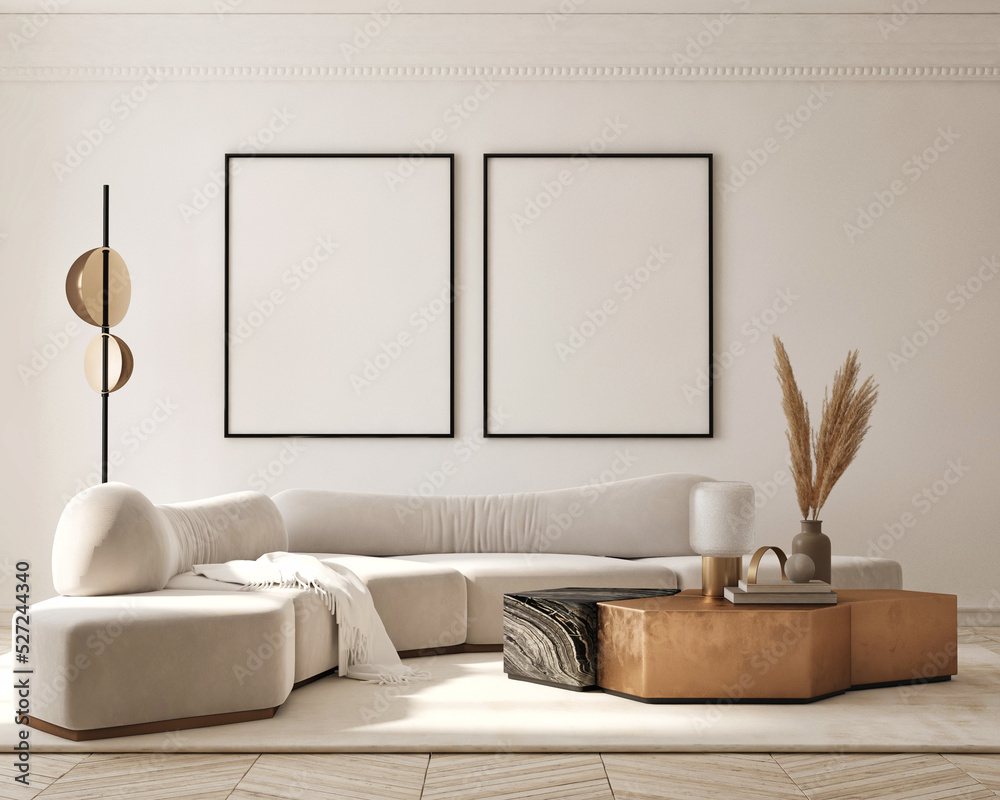 Wall mural mock up poster frame in modern interior background, living room, scandinavian style, 3d render, 3d i