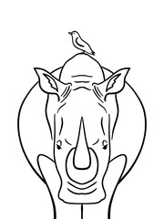 Illustration of a rhino with a bird. Black and white coloring picture.
