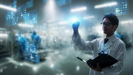 研究施設でホログラム画面を見る男性研究者 - Powered by Adobe