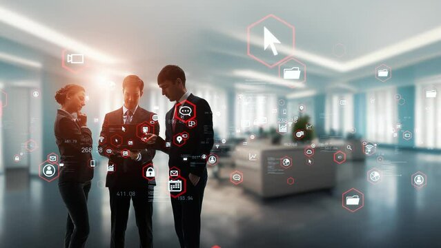 オフィスで会議するビジネスグループとテクノロジーイメージ