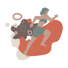 Running girl in front of abstract shapes isolated on white background.