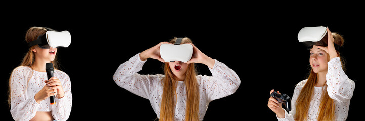 vr gooles and girl. Young woman in white shirt and jeans wearing virtual googles. Woman standing...