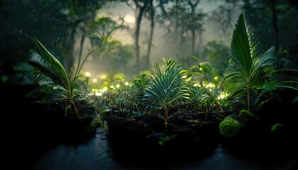 Jungle landscape at night. Dark tropical forest with exotic plants, palm leaves and green grass in a clearing