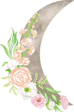 Watercolor floral crescent illustration. Mystical brown waning crescent with flowers. Celestial lunar arrangement. Feminine, spiritual prnt